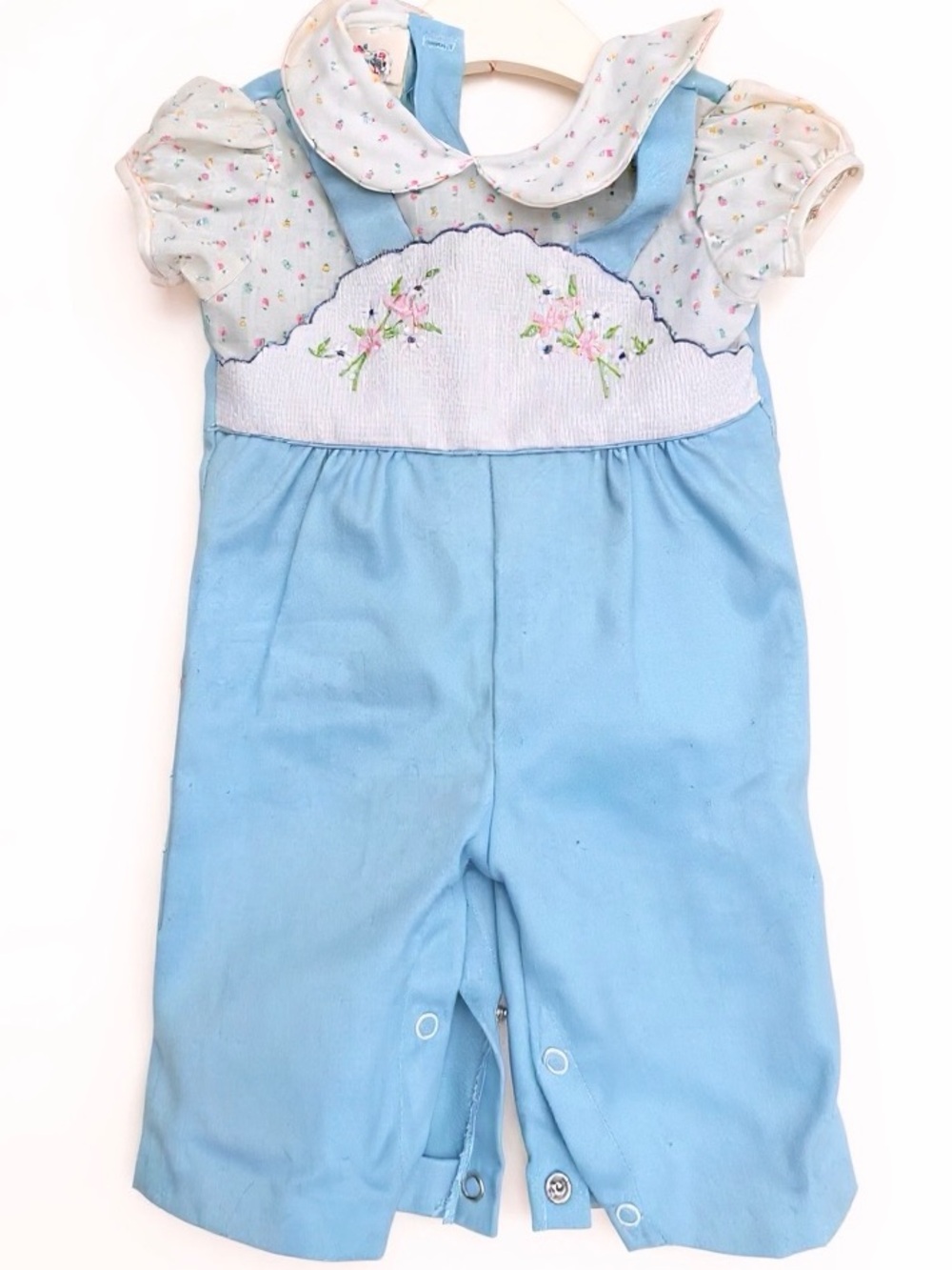 Vintage Mayfair Baby Girl Overalls Romper Faux Layer Peter Pan Collar Blue 80s